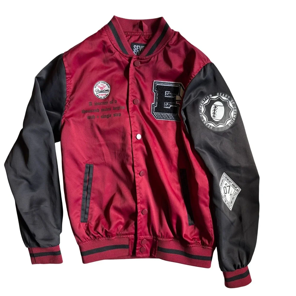 Seven Souls Varsity Streetwear Boys Bomber Jacket Red Black Embroidered